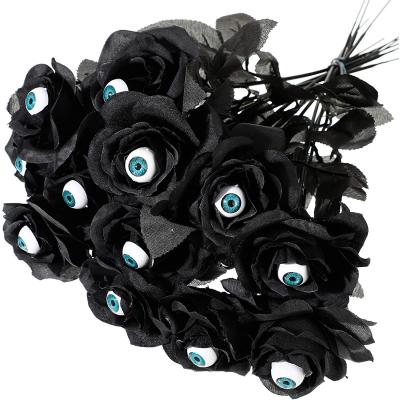 China Gothic Halloween Black Roses With Stem Black Eyeballs Flowers Rose Bouquet Fake Rose Flowers Artificial For Halloween Party Decor for sale