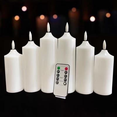 China Birthdays Timer 3D Flameless LED Remote Control Wick Candle Lights 5/6/7 Inch Plastic Pillars LED Candle Light Flickering White Red Ivory for sale