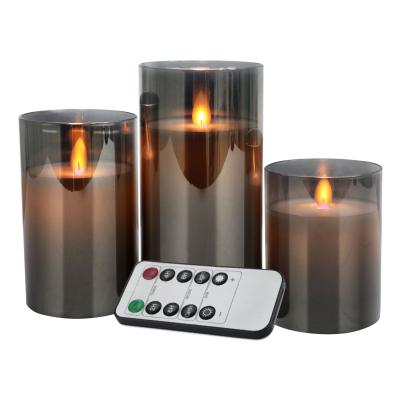 China Flameless Flickering Flameless Glass LED Candles 3 Pcs With Fake Gray LED Remote Control And Timer Battery Operated Electroplating Candles for sale