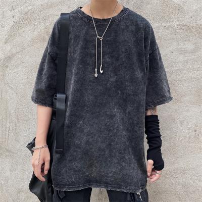 China Anti-Shrink 2021 New Vintage Wash Water Cotton Shorts Dark Worn Sleeve Loose Fit Mens T-shirt for sale