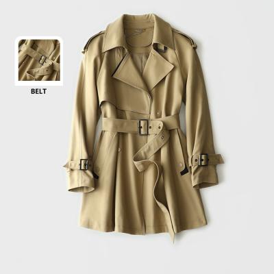 China Women's Mid Length Turn-down Collar Style Windbreaker Viable Customized British Waistband Pockets Coat for sale