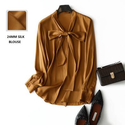 China Ladies OEM Plain 100% Silk Top Bow Tie OL Long Sleeve Anti-Shrink Blouse Elegant Style For Business Casual for sale