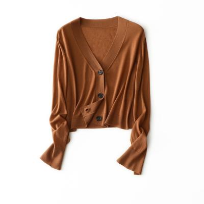 China Women Solid Color Hot Selling Anti-pilling V-neck Soft Short Knit Full Wool Cardigan Button For Spring Autumn for sale