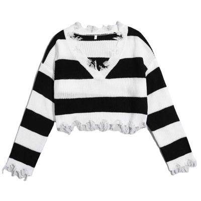 China Fashion Customized Casual Black V-Neck Off Shoulder Distressed Trim Fall Sweater Women's Fall Sweater for sale