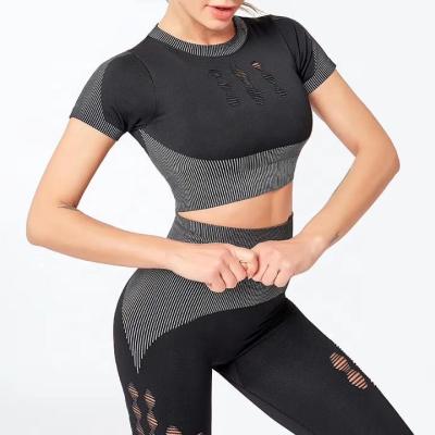 China OEM Seamless Bibbed Sleeve Shorts Women High Waist Sports Yoga Wear Tight Suit Two Piece Set Breathable With Your Logo Crop Activewear for sale