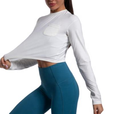 China 2021 Customs Breathable Tee Chest Pocket Left Blouse Logo Women Gym Wear Womens Long Sheath Loose Soft Short Shirts Yoga Tops For Ladies for sale