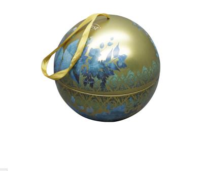 China Cover New High Quality Ball Shaped Empty Christmas Chocolate Storage Tins Box With Ribbon for sale