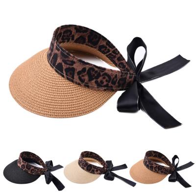 China Women's Beach Blank Top Hat Striped Brim Leopard Ribbon Portable Outdoor Wide Bowknot, Sun Hat, Bucket Hats for sale