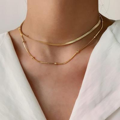 China CLASSIC Gold Double-Layer Bean Gold Beads Snake Bone Chain Necklace Female Clavicle Chain Necklace for sale