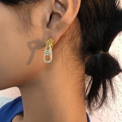 China Cute Supply Fashion Seller Rhinestone Temperament Women Luxury Golden Zipper Ear Studs Earrings for sale