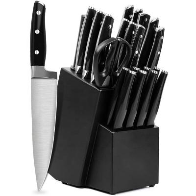 China Disposable 22 Pcs Full Tang Kitchen Knives High Carbon With Sharpener Black, ABS Handle Knife Set With Block for sale