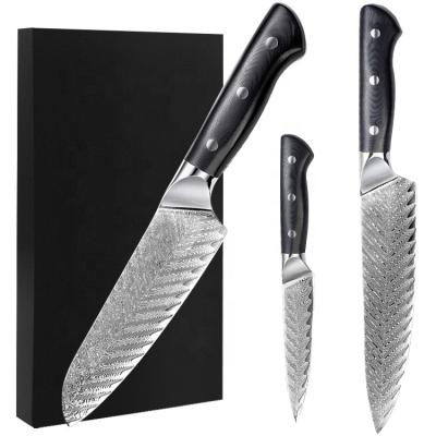 China 3 Micarta Handle Viable Full Flavor Damascus Kitchen Knife Set 3pcs VG 10 Steel Steel Knife Set for sale