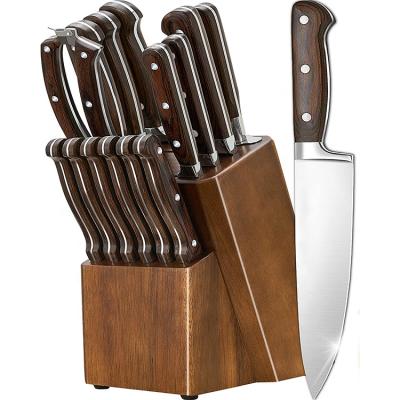 China 15 Pcs Stainless Steel Disposable German Cutlery Set with Knife Sharpener and 6 Steak Knives, Oak Handle Kitchen Knife Set with Wooden Block for sale