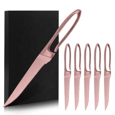 China Sustainable Special Design Restaurant 6 Piece Rose Titanium Gold Stainless Steel Serrated Steak Knife Box for sale