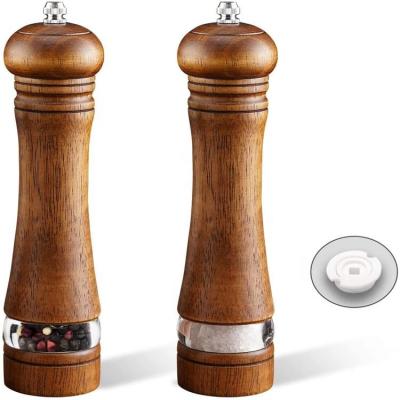 China Sustainable 2-Piece Salt and Pepper Mill Sets with Acrylic Visible Window, 8 Inch Oak Wood Pepper Grinder Set for sale