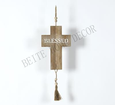 China New Design Church Home Furniture Wall Frame Hemp Rope Wooden Bead Clamp Cross for sale