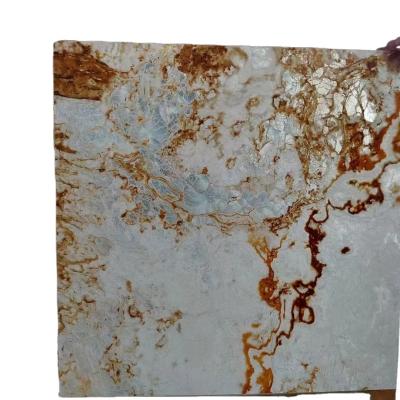 China Modern white onyx with yellow flowers laminated with acrylic panel for interior decoration stone slab fireplace wall for sale