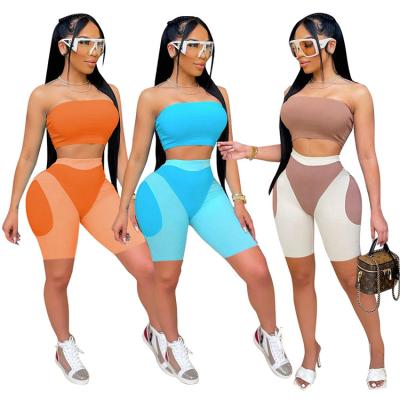 China 2021 Breathable Wholesale Women Fashion Summer Wrapped Chest Two Piece Color Tight Pants Sets Women Clothing Sets for sale