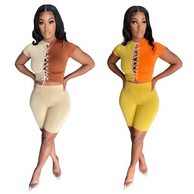 China 2021 New Arrivals Breathable Women Two Piece Set Patchwork Women Tops Biker Shorts Summer Bandage Two Piece Set Set 2 Piece Set for sale