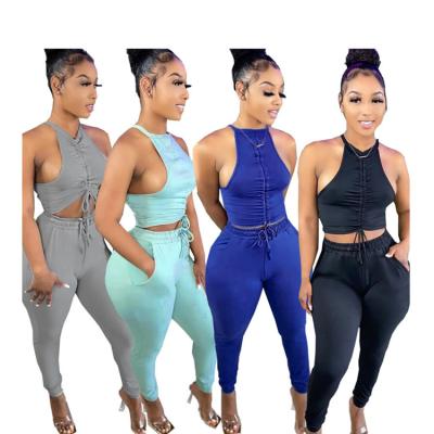 China Breathable drawstring pleated vest crop top and pants 2 pieces set women 2021 solid color summer sets for women clothing for sale