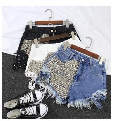 China 2021 women's fashion vintage tassel breathable rivet ripped high waist sexy punk hot woman denim shorts short jeans for sale