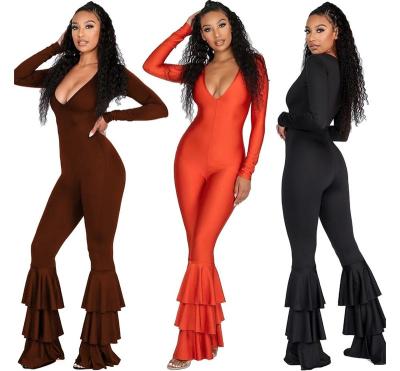 China Anti-wrinkle autumn clothing 2021 casual long sleeves solid color bodycon one-piece jumpsuit sexy ruffled women clothing for sale