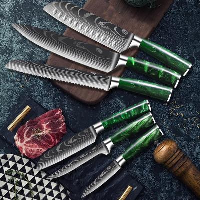 China Amazon New Arrival Viable Hot Selling Damascus Pattern 7CR17 Steel Kitchen Knife 6 Pieces Sharp Resin Handle Knife Set for sale