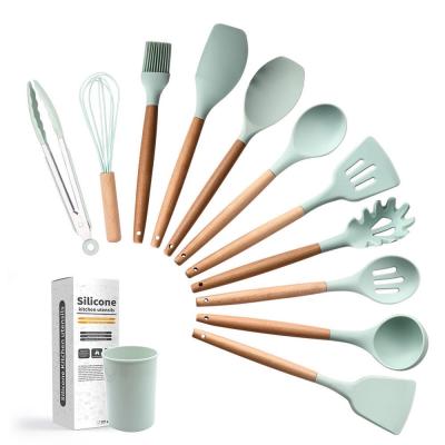 China Amazon Sustainable Hot Selling Colorful Nonstick 12 Pieces Silicone Kitchen Utensils With Wooden Handle for sale