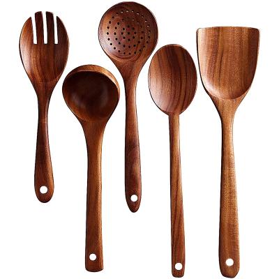 China Sustainable Wooden Utensils Set For Kitchen, Handmade Natural Teak Cooking Spoons Wooden Spoon Spatula For Nonstick Cookware for sale