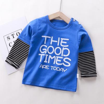 China Spring Anti-pilling Kids Clothes 2023 Unisex T-Shirts For Kids Boys Girls Long Striped Patchwork Sleeves Wholesale Kids Clothes for sale