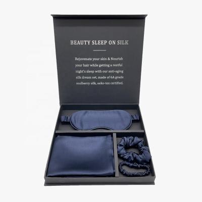 China Custom Logo Hair Tie 100% Mulberry Silk Sleep Viable Eye Mask And Pillow Case Set With Box for sale