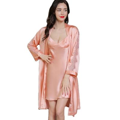 China QUICK DRY plus size sexy silk long robes set two piece kimono women sleepwear for sale