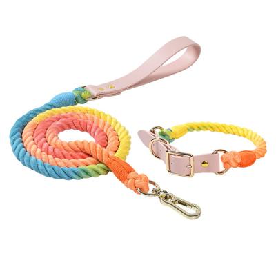 China Custom Padded Pet Collar Leash Set Cotton Braided Rope Adjustable Soft Leather Dog Leash & Collar for sale