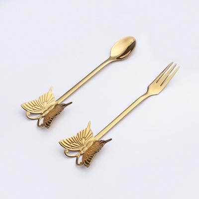 China Creative Viable Stainless Steel Butterfly Spoon And Fork For Salad Dessert Ice Cream Fruit Cake Coffee Flatware for sale