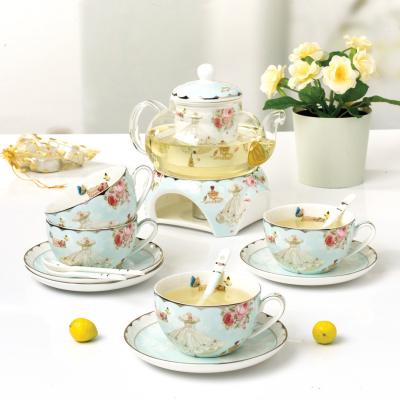 China Beautiful Viable Ceramic Glass Teapot With Warmer 15pcs/Set Coffee Cup And Teapot Sets for sale