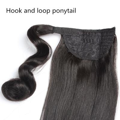 China 2018 hot sale 100% wave hair drawstring claw clip ponytail silky straight, elastic band hook and loop remy ponytail for sale