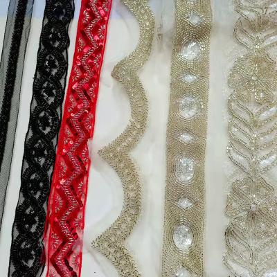 China Sunbloom Manufacturer Supply Wholesale Decorative Embroidery Rhinestone Lace Water Soluble Wedding Beaded Lace Trim Mesh Accessory For Dress for sale