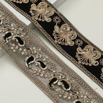 China Other Sunbloom Classic Black Vintage Lace Ribbon Yarn Sequin Embroidered Metallic Ribbon For Garment Belt Decorative Applique for sale