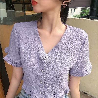 China 2020Summer New FatmmWooden Ear Bell Ear Bell Sleeve Shirt Korean Style Tops Fashion Non-mainstream Sheer Loose Short Shirt for sale