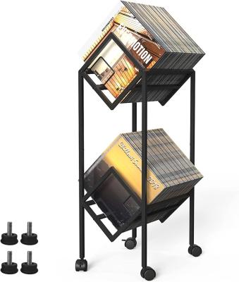 China Stocked 2 Tier Album Storage rack For Vinyl Records Metal Vinyl Records Display Shelf Mobile Vinyl Record Holder for sale