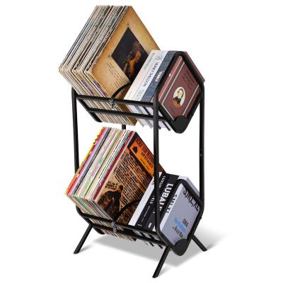 China Stocked 2 Tier Vinyl Record Storage Holder Metal Vinyl Record Shelf Large Capacity Vinyl Record Display Stand for sale