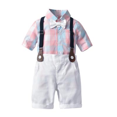 China Casual Baby Boy's Clothing Outfits Sets Cotton Tie Shirts Short Sleeve Plaid Shirt Two-Piece Suit With Strap Clip for sale