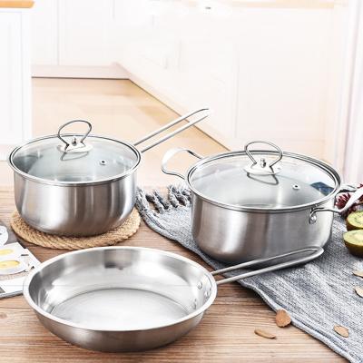 China Viable Factory Direct 410 Stainless Steel Cookware Set Kitchen Stock Pot Soup Pot Frying Pot Set with Glass Lid and SS Handle for sale