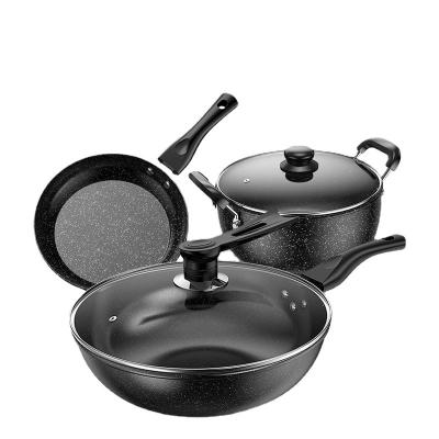 China Viable Factory Kitchen Direct Wok Wok Soup Pot Frying Pan Medical Stone Smokeless Marble Non-Stick Cookware Set for sale