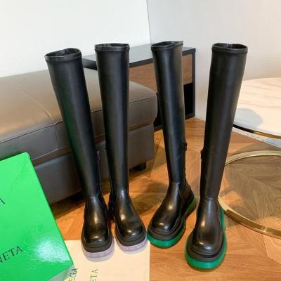 China Women Genuine Leather Boots Elastic Round Toe Side Zipper Non Drop Solid Anti-slippery Fashion Over The Knee Boots for sale