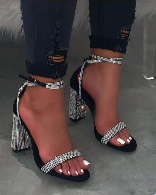 China 2021 Heeled Sandals Ankle Strap Square Toe Summer Heeled Sandals For Light Rhinestone Women Ankle Thick Buckle Women's for sale