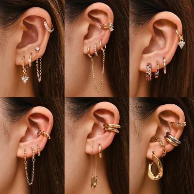 China TRENDY Punk Rock Helix Cartilage Ear Cuff with Long Chain Circle Hoop Earrings Set for Women Tiny Piercing for sale