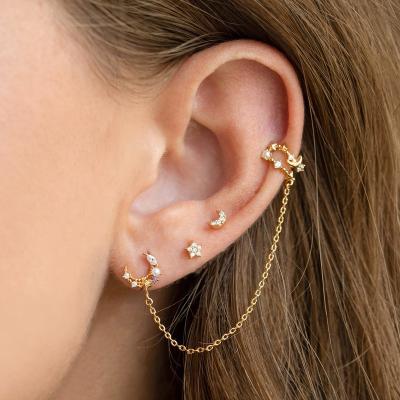 China BOHEMIA Gold Color Ear Cuff Long Chain Piercing Stud Earring for Women Vintage CZ Zircon Moon Shape Ear Studs New Trend Jewelry for sale