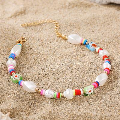 China BOHEMIA New Trendy Colorful Polymer Clay Flat Beaded Anklet White Pearl Ankle Bracelet for Women Girls Summer Sandals Leg Accessories for sale