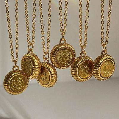 China Vintage New Stainless Steel Zodiac Sign Necklace for Women Men 12 Constellations Thick Round Disc Pendant Clavicle Link Chain Necklaces for sale